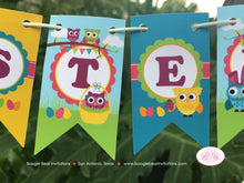 Load image into Gallery viewer, Easter Owls Birthday Party Pennant Cake Banner Topper Girl Boy Spring Egg Hunt Blue Bunny Rabbit Animal Boogie Bear Invitations Lottie Theme