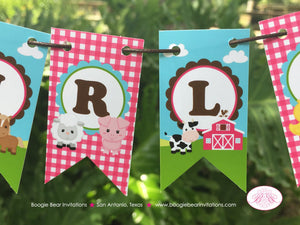 Pink Farm Party Pennant Cake Banner Topper Birthday Animals Barn Girl Petting Zoo Country Horse Cow Boogie Bear Invitations Shirley Theme