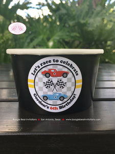 Race Car Birthday Party Treat Cups Candy Buffet Party Black Red Classic Antique Coupe Fastback Retro Boogie Bear Invitations Gordon Theme