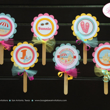 Beach Flip Flop Party Cupcake Toppers Birthday Ball Sun Pool Pink Swimming Girl Sandcastle Island Ocean Boogie Bear Invitations Sunnie Theme
