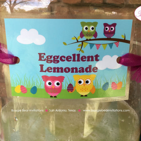 Easter Owls Party Beverage Card Birthday Drink Label Wraps Girl Boy Woodland Forest Animals Egg Spring Boogie Bear Invitations Lottie Theme