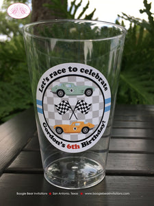 Race Car Birthday Party Beverage Cups Plastic Drink Boy Girl Black Antique Classic Retro Coupe Fastback Boogie Bear Invitations Gordon Theme