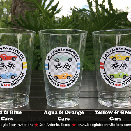 Race Car Birthday Party Beverage Cups Plastic Drink Boy Girl Black Antique Classic Retro Coupe Fastback Boogie Bear Invitations Gordon Theme