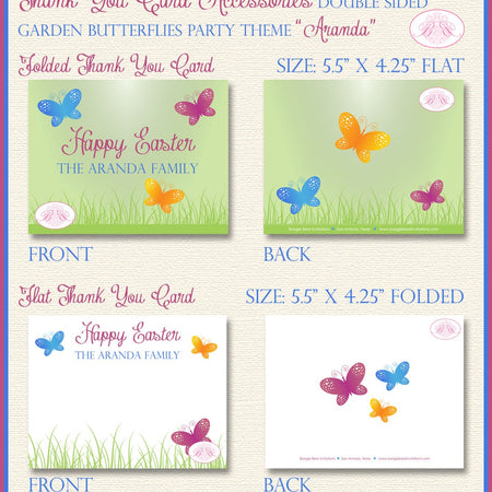 Butterfly Garden Party Thank You Card Birthday Spring Easter Pink Yellow Green Blue Boy Girl Boogie Bear Invitations Aranda Theme Printed
