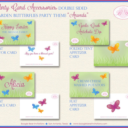 Butterfly Garden Party Favor Card Tent Place Food Tag Boy Girl Birthday Easter Pink Green Blue Yellow Boogie Bear Invitations Aranda Theme