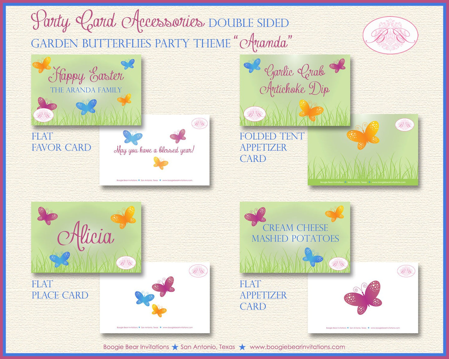 Butterfly Garden Party Favor Card Tent Place Food Tag Boy Girl Birthday Easter Pink Green Blue Yellow Boogie Bear Invitations Aranda Theme