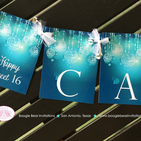 Sweet 16 Birthday Party Name Banner Glowing Ornament Aqua Blue Girl 1st 15th 16th 21st 30th 40th 50th Boogie Bear Invitations Caterina Theme
