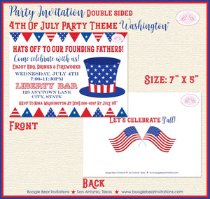 4th of July Party Invitations American Flag Founding Father Forefathers Boogie Bear Invitations Washington Theme Paperless Printable Printed