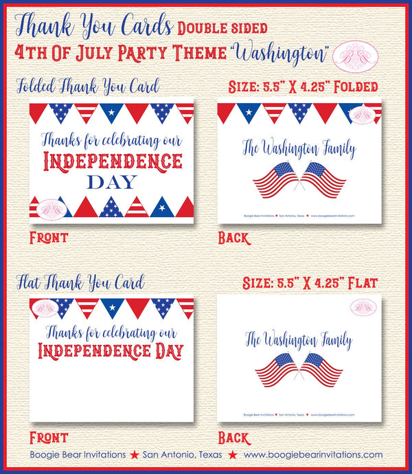 4th of July Party Thank You Card American Flag Founding Father Forefathers Birthday Holiday Boogie Bear Invitations Washington Theme Printed