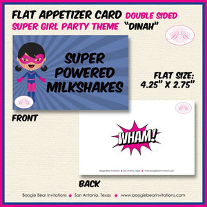 Pink Super Girl Birthday Party Favor Card Tent Appetizer Place Tag Superhero Supergirl Hero Retro Comic Boogie Bear Invitations Dinah Theme