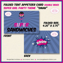 Load image into Gallery viewer, Pink Super Girl Birthday Party Favor Card Tent Appetizer Place Tag Superhero Supergirl Hero Retro Comic Boogie Bear Invitations Dinah Theme