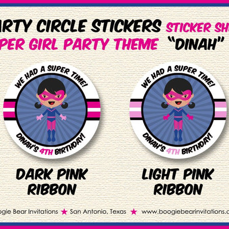 Pink Super Girl Birthday Party Stickers Circle Sheet Round Superhero Supergirl Masked Comic Skyline Hero Boogie Bear Invitations Dinah Theme