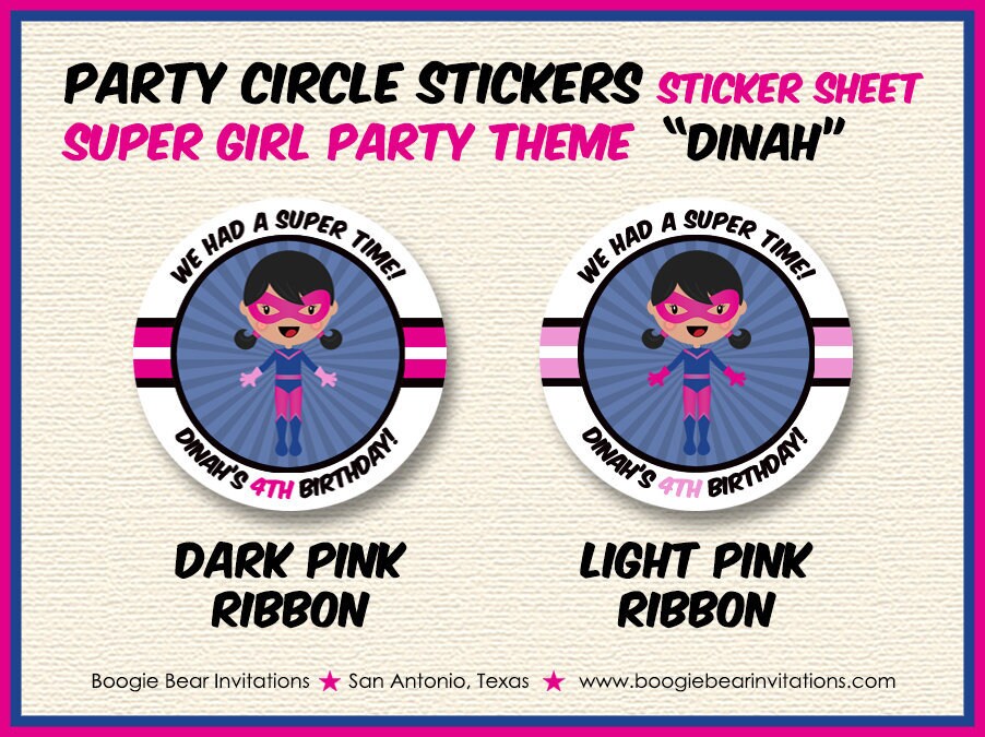 Pink Super Girl Birthday Party Stickers Circle Sheet Round Superhero Supergirl Masked Comic Skyline Hero Boogie Bear Invitations Dinah Theme
