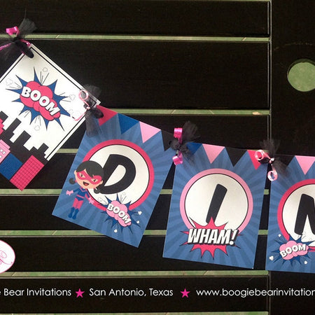 Super Girl Birthday Party Name Banner Hero Superhero Pink Navy Blue Cityscape Black Hero Pow Boom Retro Boogie Bear Invitations Dinah Theme