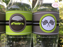 Load image into Gallery viewer, Green Race Car Birthday Party Bottle Wraps Cover Label Wrapper Tag Black Lime Fastback Coupe Track Racing Boogie Bear Invitations Brad Theme