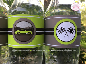Green Race Car Birthday Party Bottle Wraps Cover Label Wrapper Tag Black Lime Fastback Coupe Track Racing Boogie Bear Invitations Brad Theme
