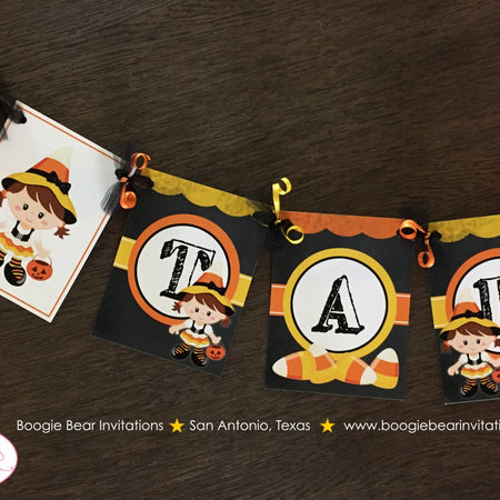 Candy Corn Birthday Party Name Banner Girl Halloween Chalkboard Black Costume Kids Witch Pumpkin Sweet Boogie Bear Invitations Tabitha Theme
