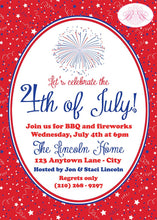 Load image into Gallery viewer, 4th of July Party Invitation Red White Blue Birthday Fireworks Holiday USA Boogie Bear Invitations Lincoln Theme Paperless Printable Printed