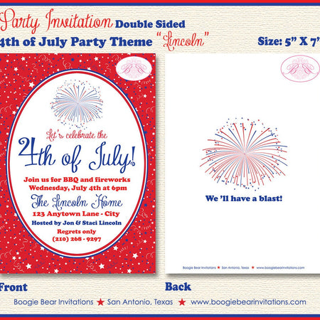 4th of July Party Invitation Red White Blue Birthday Fireworks Holiday USA Boogie Bear Invitations Lincoln Theme Paperless Printable Printed