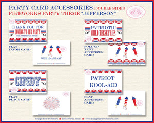 4th of July Fireworks Party Favor Card Tent Place Food Label Tag Don't Be A Dud Red White Blue USA Boogie Bear Invitations Jefferson Theme