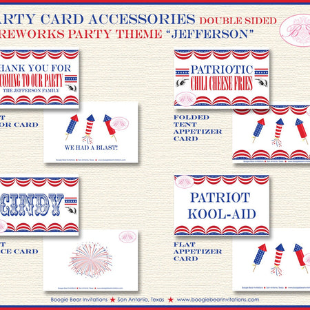 4th of July Fireworks Party Favor Card Tent Place Food Label Tag Don't Be A Dud Red White Blue USA Boogie Bear Invitations Jefferson Theme