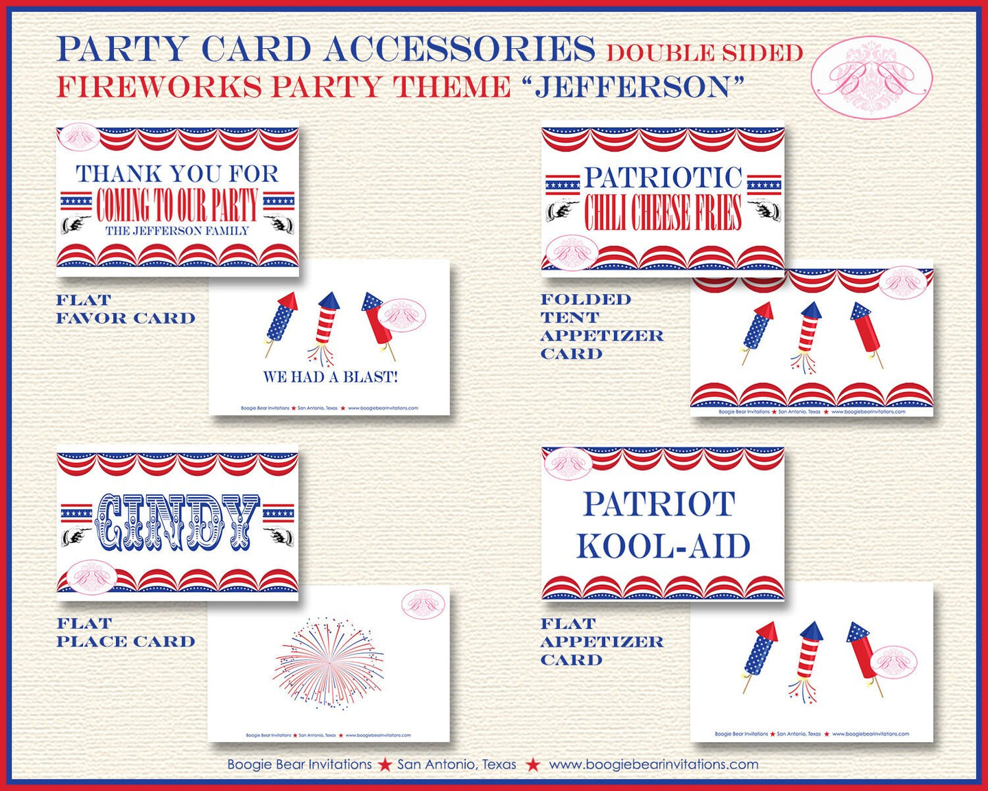 4th of July Fireworks Party Favor Card Tent Place Food Label Tag Don't Be A Dud Red White Blue USA Boogie Bear Invitations Jefferson Theme