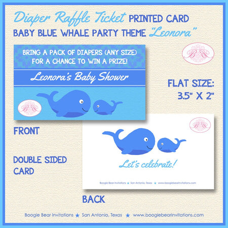 Whale Baby Shower Party Card Diaper Raffle Blue Party Game Boy Ocean Fish Swimming Swim Boogie Bear Invitations Leonora Theme Printed