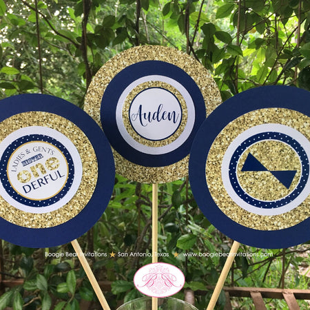 Mr. Wonderful Birthday Party Centerpiece Set 1st ONE Onederful Little Man Bow Tie Navy Blue Gold Formal Boogie Bear Invitations Auden Theme