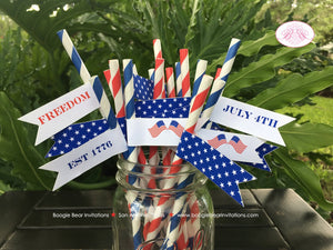 4th of July Party Pennant Straws Birthday Paper Beverage Drink Stars Stripes Flag Red White Blue 1st Boogie Bear Invitations Hamilton Theme