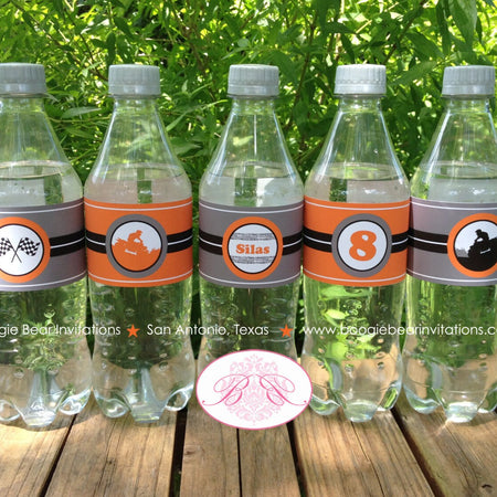 ATV Birthday Party Bottle Wraps Wrappers Cover Orange All Terrain Vehicle Quad 4 Wheeler Race Racing Boogie Bear Invitations Silas Theme
