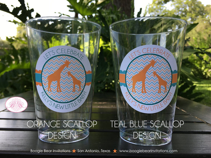 Orange Giraffe Baby Shower Party Beverage Cups Plastic Drink Aqua Turquoise Teal Green Blue Boy Girl 1st Boogie Bear Invitations Kelly Theme