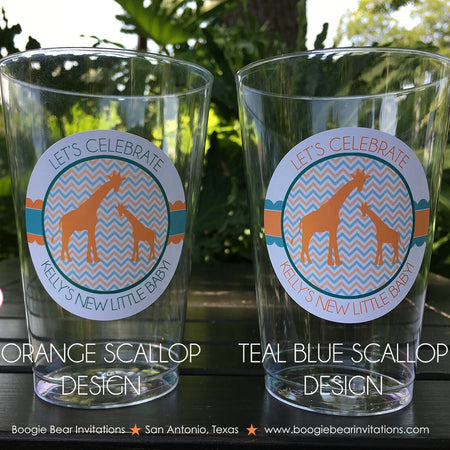 Orange Giraffe Baby Shower Party Beverage Cups Plastic Drink Aqua Turquoise Teal Green Blue Boy Girl 1st Boogie Bear Invitations Kelly Theme