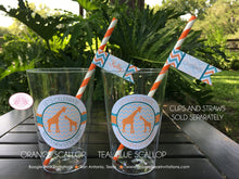 Load image into Gallery viewer, Orange Giraffe Baby Shower Party Beverage Cups Plastic Drink Aqua Turquoise Teal Green Blue Boy Girl 1st Boogie Bear Invitations Kelly Theme