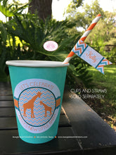 Load image into Gallery viewer, Giraffe Baby Shower Party Beverage Cups Paper Drink Aqua Turquoise Teal Orange Blue Green White Boy Girl Boogie Bear Invitations Kelly Theme