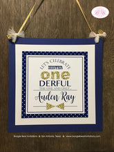 Load image into Gallery viewer, Mr. Wonderful Birthday Party Door Banner 1st Onederful Little Man Bow Tie Navy Blue White Gold Polka Dot Boogie Bear Invitations Auden Theme