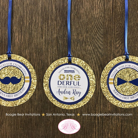 Mr. Wonderful Party Favor Tags Birthday 1st ONE Onederful Bow Tie Mustache Navy Blue White Glitter Gold Boogie Bear Invitations Auden Theme