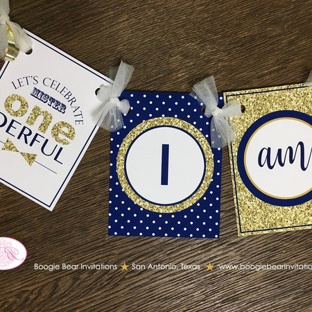 Mr. Wonderful Highchair I am 1 Banner Birthday Party Bow Tie Boy Royal Navy Blue Onederful Gold ONE 1st Boogie Bear Invitations Auden Theme