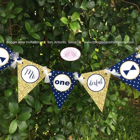 Mr Wonderful Pennant I am 1 Banner Birthday Party Highchair Bow Tie Boy Onederful ONE Navy Blue Gold 1st Boogie Bear Invitations Auden Theme