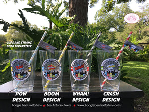 Superhero Birthday Party Beverage Cups Plastic Drink Super Hero Boy Girl Save The Day Comic Cityscape City Boogie Bear Invitations Max Theme