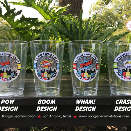 Superhero Birthday Party Beverage Cups Plastic Drink Super Hero Boy Girl Save The Day Comic Cityscape City Boogie Bear Invitations Max Theme