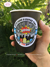 Load image into Gallery viewer, Superhero Birthday Party Beverage Cups Paper Drink Super Hero Comic Boy Girl Skyline City Cityscape Retro Boogie Bear Invitations Max Theme