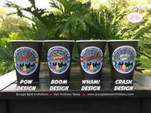 Load image into Gallery viewer, Superhero Birthday Party Beverage Cups Paper Drink Super Hero Comic Boy Girl Skyline City Cityscape Retro Boogie Bear Invitations Max Theme