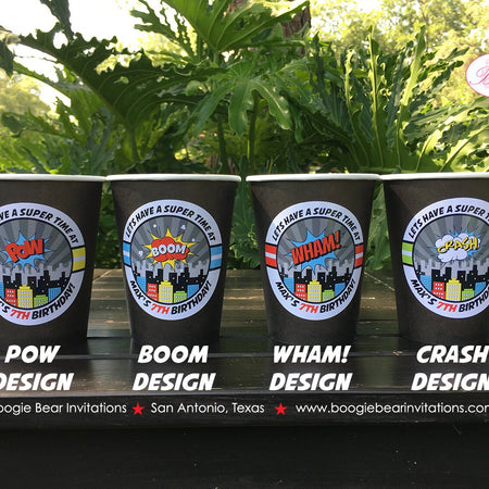 Superhero Birthday Party Beverage Cups Paper Drink Super Hero Comic Boy Girl Skyline City Cityscape Retro Boogie Bear Invitations Max Theme