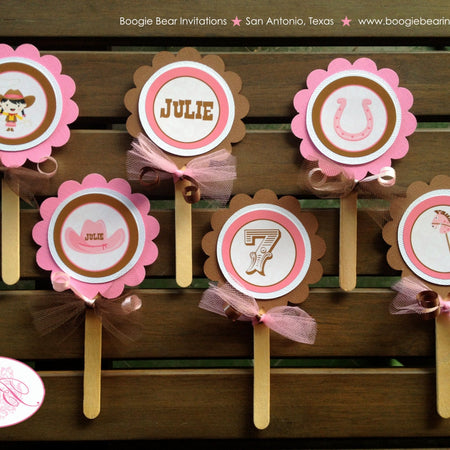 Pink Cowgirl Party Cupcake Toppers Birthday Horse Pony Girl Hoedown Hat Boots Country Rodeo Boogie Bear Invitations Decoration Julie Theme