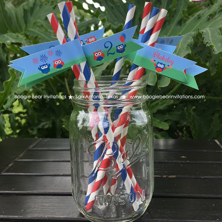 4th of July Party Pennant Straws Birthday Paper Beverage Drink Owls Boy Girl Red White Blue Flag USA Boogie Bear Invitations Blakeley Theme