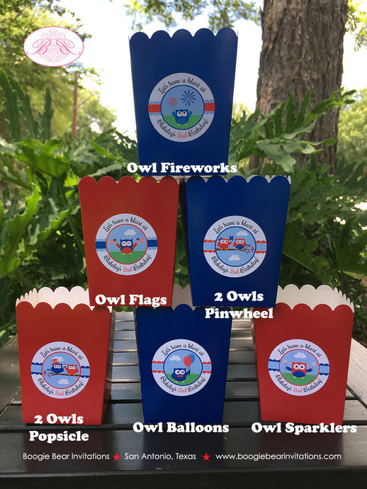 4th of July Party Popcorn Boxes Mini Favor Birthday Owls Fireworks Boy Girl United States Flag USA Boogie Bear Invitations Blakeley Theme