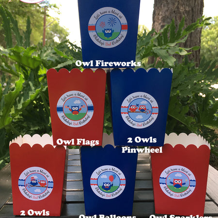 4th of July Party Popcorn Boxes Mini Favor Birthday Owls Fireworks Boy Girl United States Flag USA Boogie Bear Invitations Blakeley Theme
