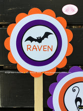 Load image into Gallery viewer, Halloween Birthday Party Cupcake Toppers Witch Black Bat Orange Haunted House Graveyard Cemetery Cat Boogie Bear Invitations Raven Lee Theme