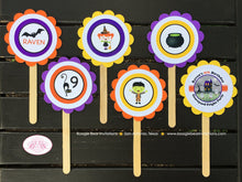 Load image into Gallery viewer, Halloween Birthday Party Cupcake Toppers Witch Black Bat Orange Haunted House Graveyard Cemetery Cat Boogie Bear Invitations Raven Lee Theme