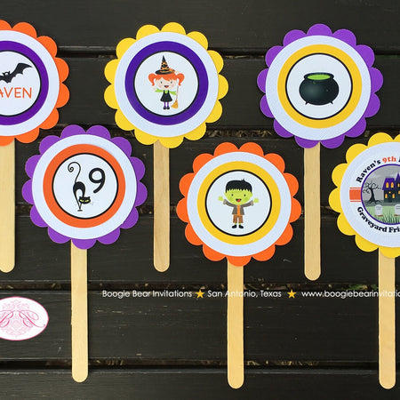 Halloween Birthday Party Cupcake Toppers Witch Black Bat Orange Haunted House Graveyard Cemetery Cat Boogie Bear Invitations Raven Lee Theme